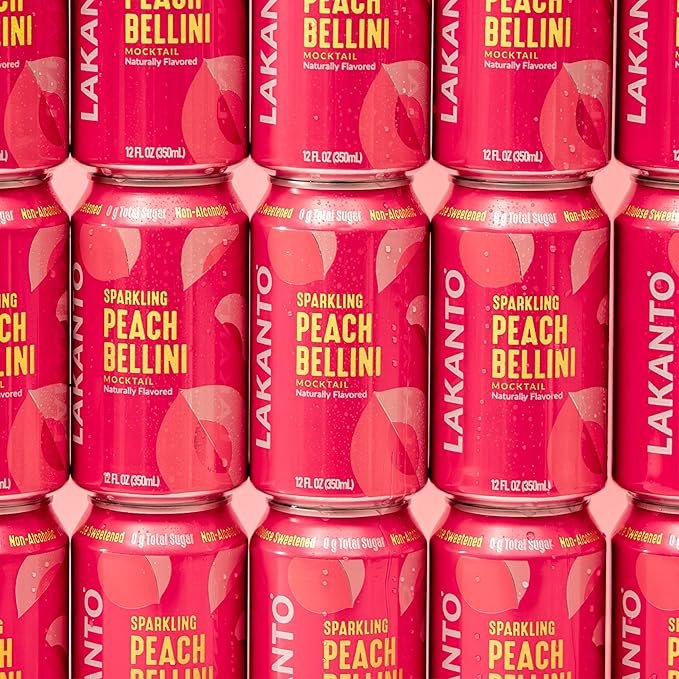 Lakanto Sparkling Peach Bellini Mocktail Non Alcoholic Drink - 0g Sugar Naturally Sweetened with Monk Fruit &amp Allulose Ready to Drink Better for You Soda Pop (24 Pack)