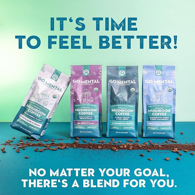 Organic 14 Mushroom Coffee Blend Dark Roast Organic Lion's Mane Chaga Red Reishi and more Chocolate Notes Enhances Overall Health Immune Support And Wellbeing Ground 12 oz Bag