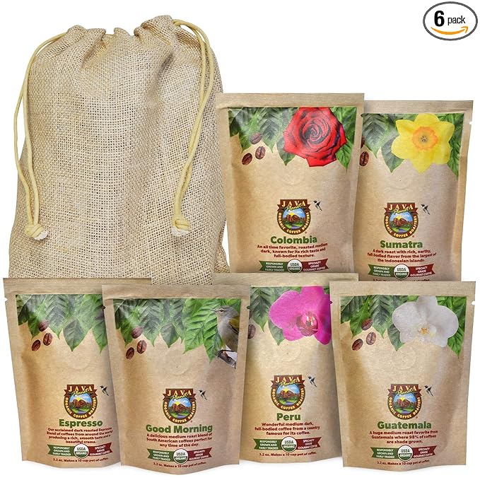 Java Planet Coffee Gift Basket Sampler Set for Coffee Lovers in Linen Bag: Low Acid Organic Beans: Whole Bean Mold-Free &amp Stomach Friendly - Arabica Gourmet 1.32 LBs (19.2 oz) packaged in 6 Ba