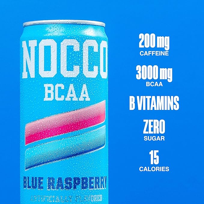 NOCCO Zero Sugar Energy Drink Blue Raspberry - 12 Fl Oz (Pack of 12) - 180mg Caffeine Sugar Free BCAAs - Branched Chain Amino Acids Carbonated &amp Low Cal B Vitamins Grab &amp Go Performance
