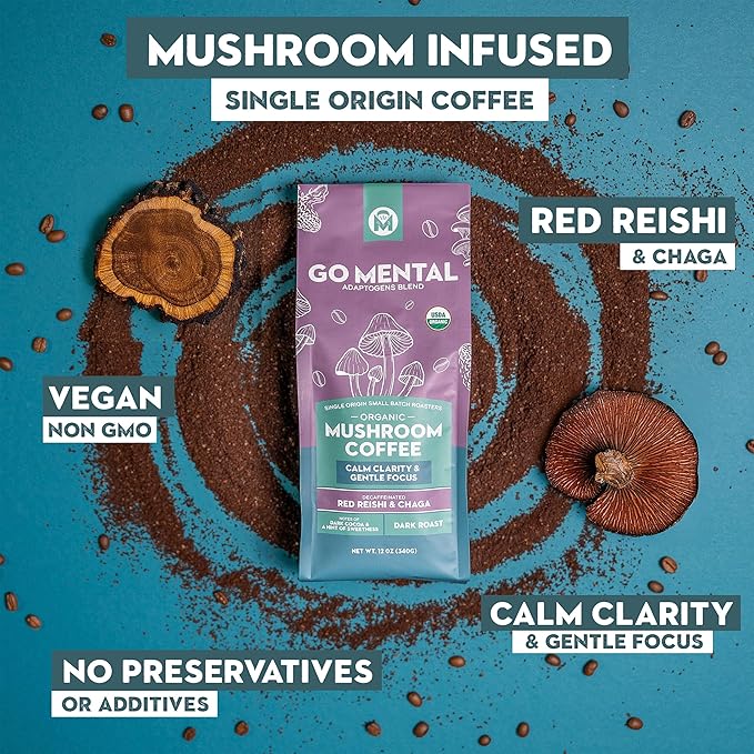 Organic Mushroom Decaffeinated Coffee Dark Roast Swiss Water Water Process Red Reishi &amp Chaga Decaf for Calm and Relaxed Focus Grade 1 Single Origin Peruvian 12oz - Ground (2 Pack)