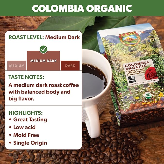 Low Acid Organic Coffee – Whole Bean Mold-Free &amp Stomach Friendly by Java Planet Colombian Single Origin Medium Dark Roast Smooth Full Flavored 5LB Bag