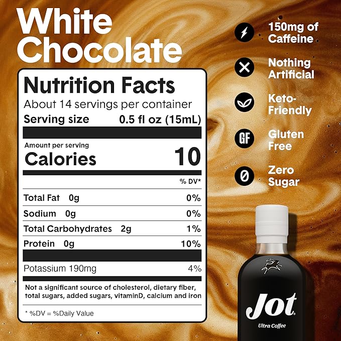 Jot Coffee Concentrate (White Chocolate) High Caffeine Cold Brew Coffee Concentrate Liquid for Iced Coffees Instant Espresso Hot Cold Instant Coffees - Makes 14 Cups 150mg Caffeine/Tbsp No Sugar