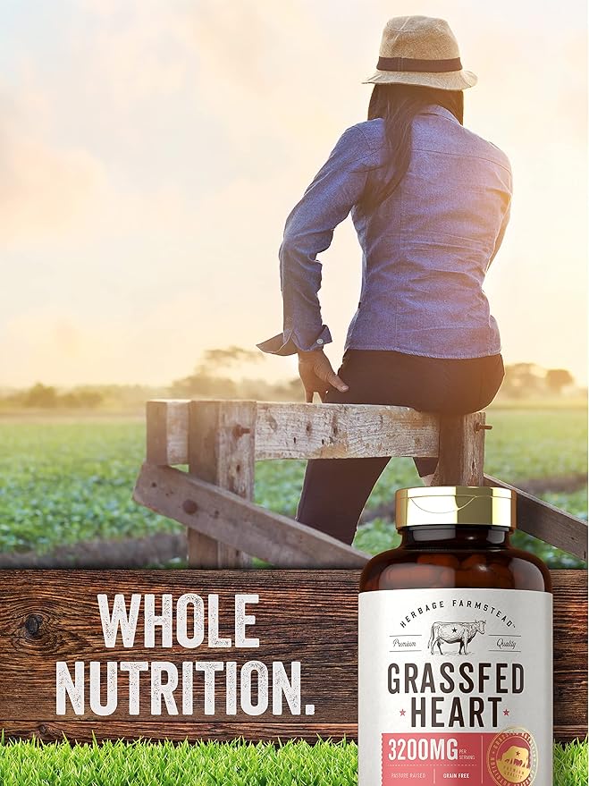 Carlyle Grass Fed Beef Heart Supplement | 3200mg | 200 Count | Desiccated Pasture Raised Bovine Capsules | Non-GMO Gluten Free | by Herbage Farmstead
