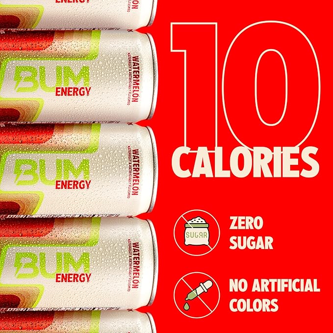 BUM Sugar-Free Energy Drink Watermelon - Lightly Carbonated &amp No Artificial Colors Natural Caffeine &amp Citicoline for Energy &amp Focus Brain Boost &amp Workout Sports Beverage - 12 oz Pa