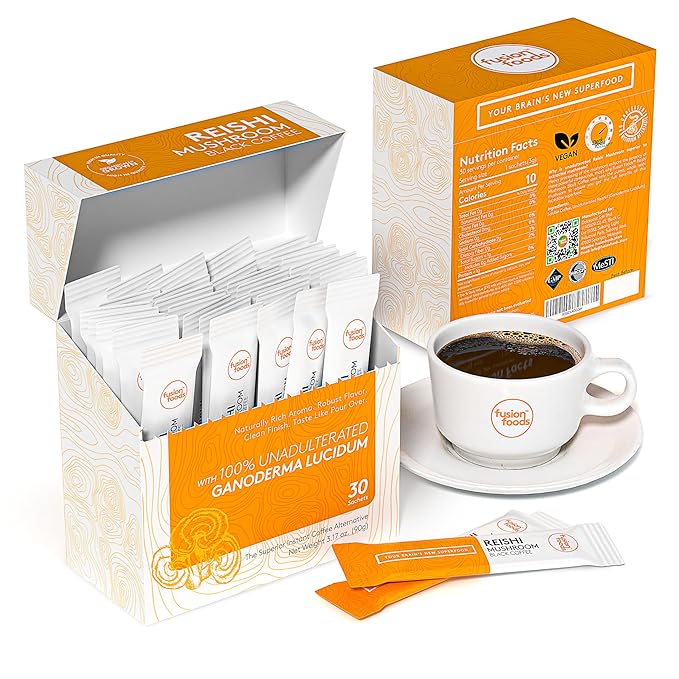 Reishi Mushroom Black Coffee by fusion foods™ | All Natural Unadulterated Reishi Mushroom Ganoderma | Robust Aroma &amp Taste - 30 counts
