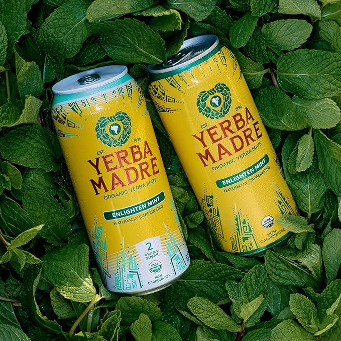 Yerba Madre Organic Yerba Mate Energy Drink Alternative Lower-Sugar Enlighten Mint 150mg Plant Based Caffeine Smooth Energy &amp Focus No Jitters or Crash 15.5oz Cans (Pack of 12)