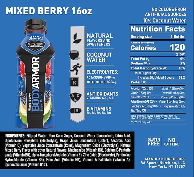 BODYARMOR Sports Drink Sports Beverage Mixed Berry Natural Flavor with Vitamins Potassium-Packed Electrolytes No Preservatives Perfect for Athletes 16 Fl Oz