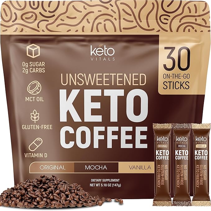 Keto Vitals Instant Keto Coffee Powder with MCT Oil &amp Vitamins - Low-Calorie Unsweetened Instant Coffee Packets Single Serve - Keto Coffee Instant Mix in Original Vanilla &amp Mocha Flavors -