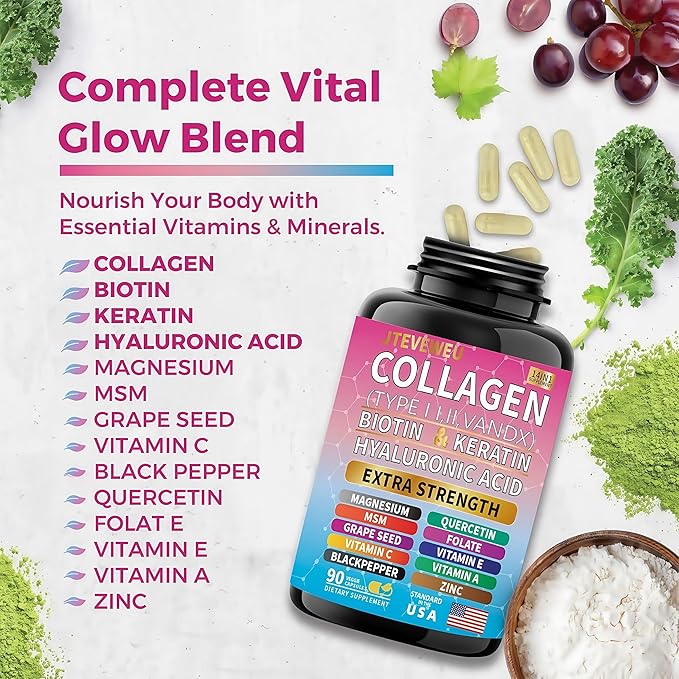 Collagen Supplement - Type I II III V and X - with Biotin Keratin Hyaluronic Acid &amp 13+ Extra Strength Ingredients - （90 Capsules）