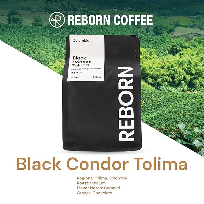 Reborn Coffee Specialty Whole Bean Coffee Medium Roast 12 Ounce Colombia Black Condor Tolima Flavor Notes of Chocolate Nut and Citrus