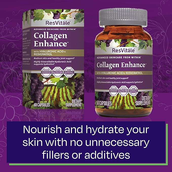 ResVitale Collagen Enhance - Beauty Supplement with Hyaluronic Acid &amp Resveratrol - 60 Capsules &amp Resveratrol 500 mg - Supplement for Men &amp Women - 60 Veggie Capsules