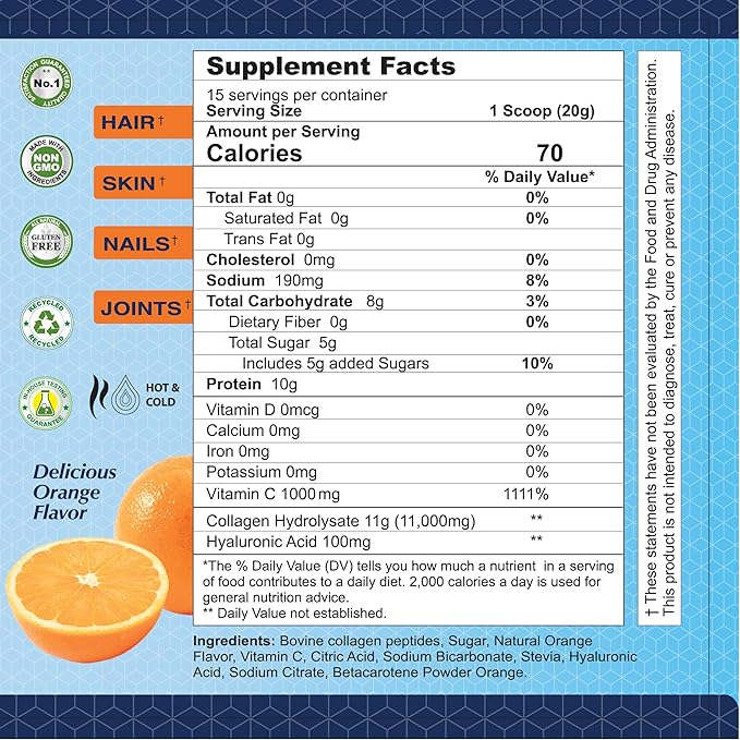 ALFA VITAMINS CollagenC Hydrolysate Peptides Powder Supplement with 1000mg Vitamin C - Premium Quality Source of Nutrients - Skin Hair Nails Immune Boost &amp Joints Support - Orange Flavor -11 O