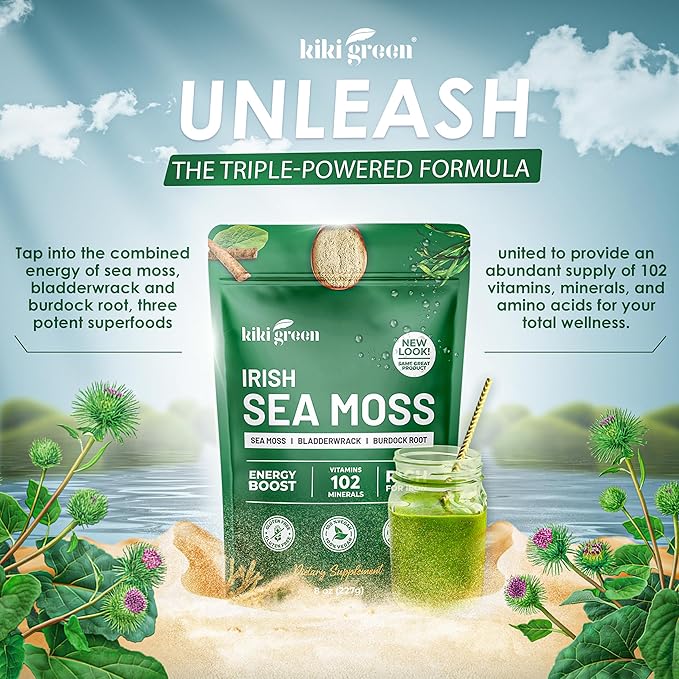 KIKI Green Irish Sea Moss Powder 8 Oz - with Bladderwrack Burdock Root Extract for Immune Support - Keto Vegan Supplement