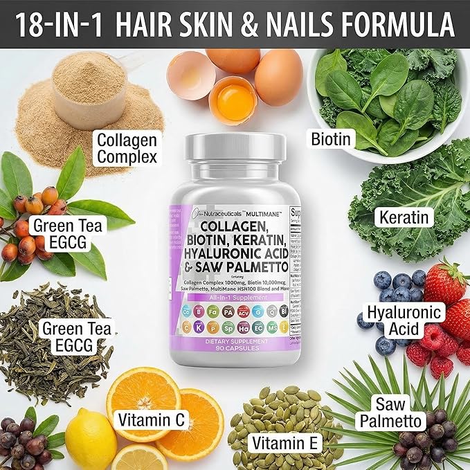 Clean Nutraceuticals Collagen Pills 1000mg Biotin 10000mcg Keratin Saw Palmetto Hyaluronic Acid - Hair Skin &amp Nails Vitamins &amp DHT Blocker with Vitamin E Folic Acid Pumpkin Seed MSM - 90 Count