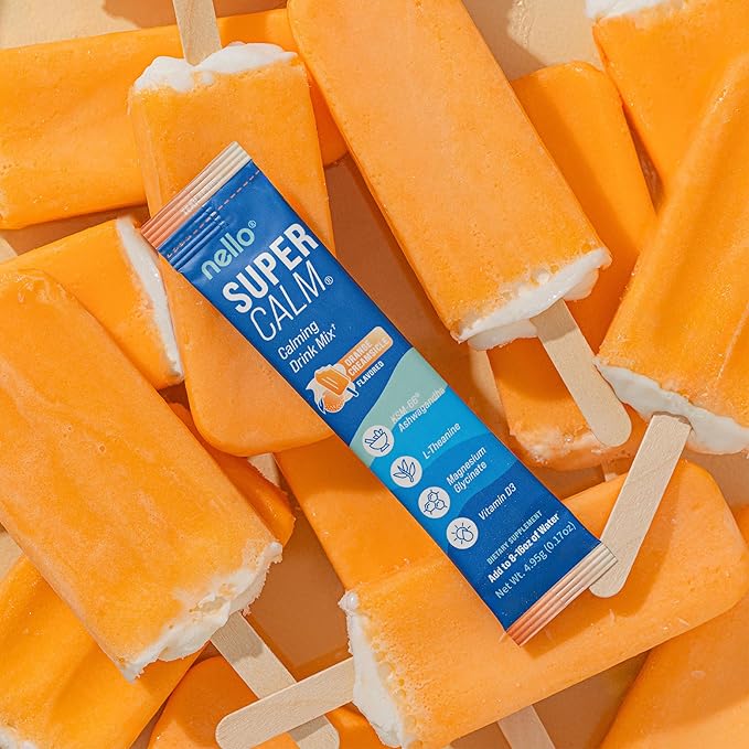 Nello Supercalm Powdered Drink Mix Cortisol Reducer* and Sleep Aid Supplement L Theanine Ksm-66 Ashwagandha Magnesium Glycinate Vitamin D 3 No Sugar Non GMO On The Go 20 Ct Orange Creamsicle