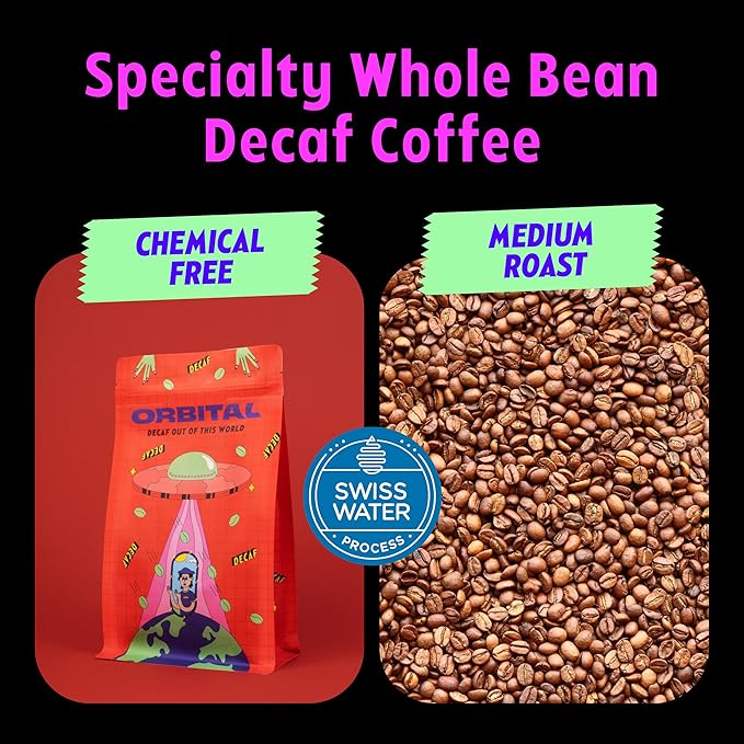 Orbital Cozy Space Decaf Coffee – Medium Roast Whole Bean Swiss Water Process Single Origin Guatemala – Smooth Non-Bitter Low Acid Clean &amp Chemical-Free Decaf for Evening Relaxation 12oz