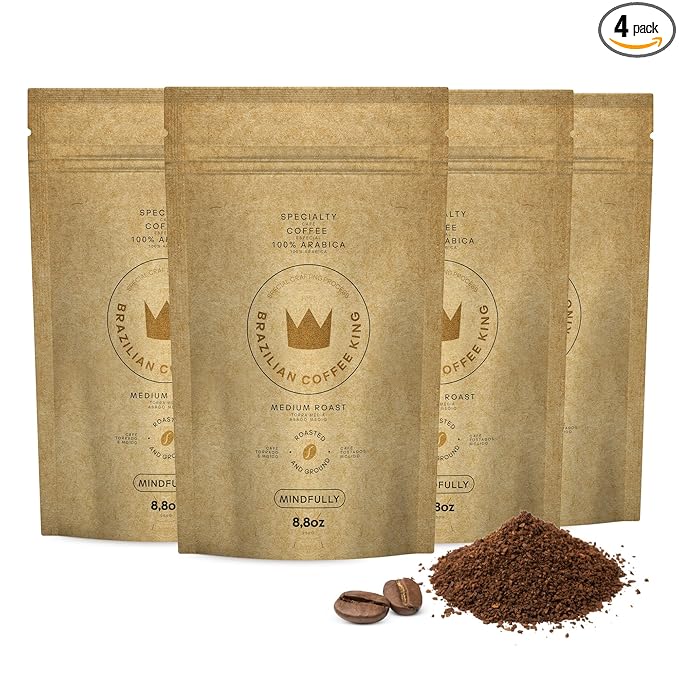 4-Pack Specialty Coffee Mindfully – Arabica Roasted and Ground in Brazil – Smooth Centering Flavor with Notes of Chocolate Caramel Vanilla and Nuts – Carefully Harvested – Brazilian Coffee King
