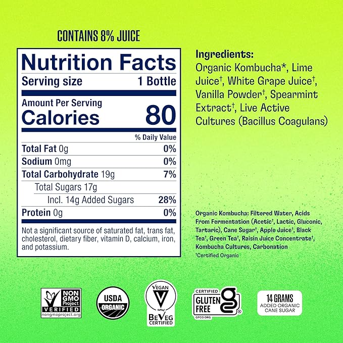 Health-Ade Kombucha Tea Organic Drink Fermented Tea with Living Probiotics Detoxifying Acids Supports Gut Health Non-GMO Vegan Gluten Free 12 Pack (16 Fl Oz Bottles) Mint Limeade