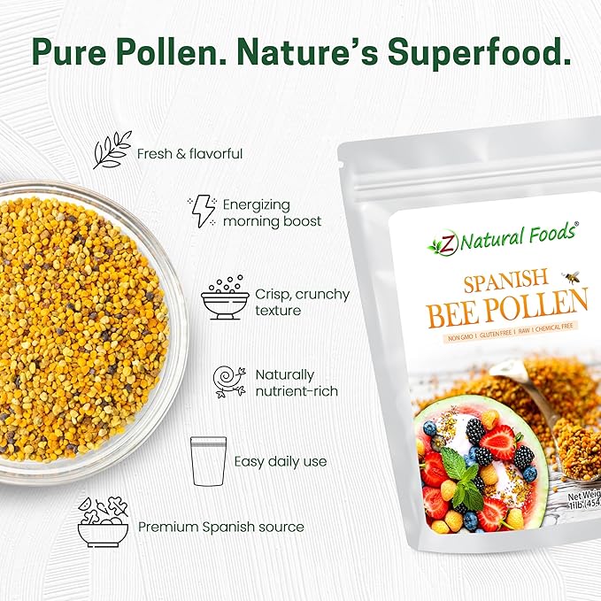 Z Natural Foods Spanish Bee Pollen Granules - Pure &amp Raw Pollen Granule Product of Spain - Nutrient-Dense for Energy &amp Immune Support - Aromatic Sweet Flavor Sprinkle on Salads &amp Smoothi