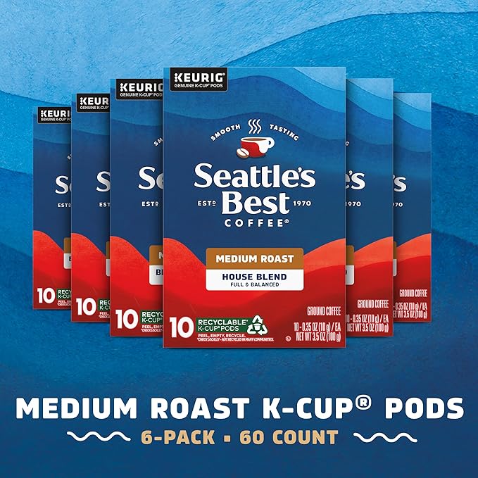 Seattle’s Best Coffee Medium Roast K-Cup Coffee Pods House Blend 100% Arabica 6 Boxes (60 Pods Total)