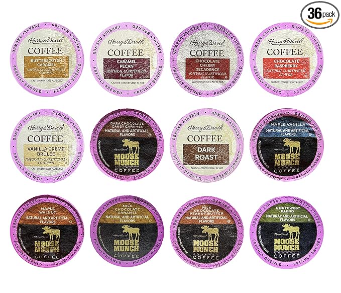 Harry &amp David and Moose Munch Single Serve Coffee Sampler 12 Flavors (3 cups each)