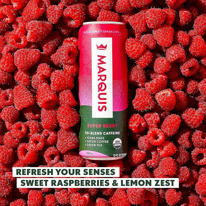 Marquis | Organic Energy Drink Alternative with Organic Plant Based Caffeine | Vegan Zero Calorie Sugar Free Sparkling Yerba Mate | Keto Energy Drinks Alternative | Citrus Yuzu x1+ Super Berry x1