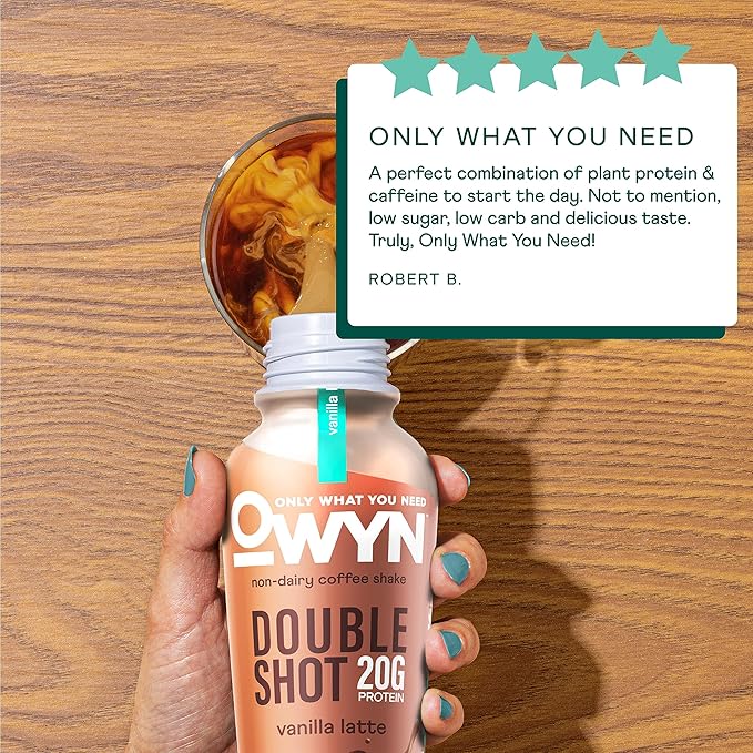 OWYN Only What You Need Double Shot Mocha Latte Vanilla Latte and Caramel Macchiato Flavored Protein Shake 20g Protein 0g Sugar 3g Fiber 180mg Caffeine Dairy Free Plant Based Protein 12 CT