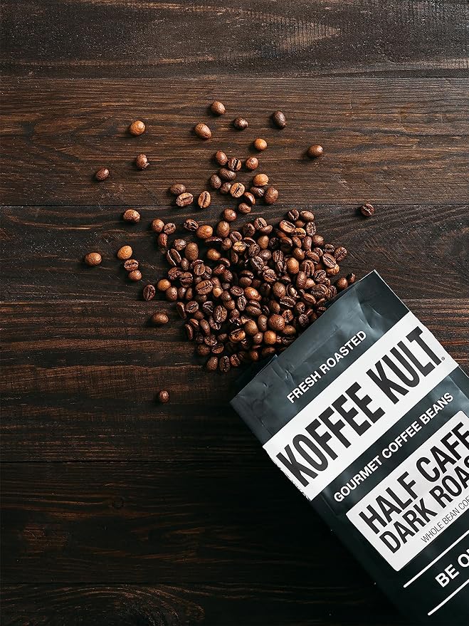 Koffee Kult Half Caff Coffee Whole Bean Dark Roast Half Caffeine Decaf Low Acid Naturally Decaffeinated (Whole Bean 32oz)