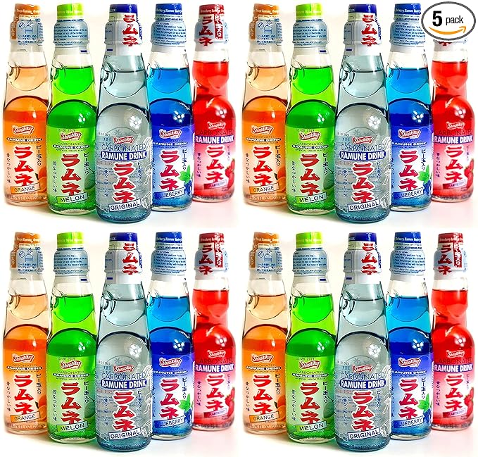 Ramune Japanese Soda Variety Pack - Shirakiku Multiple Flavors - Japanese Drink Gift Box (5 Count) Pack of 4
