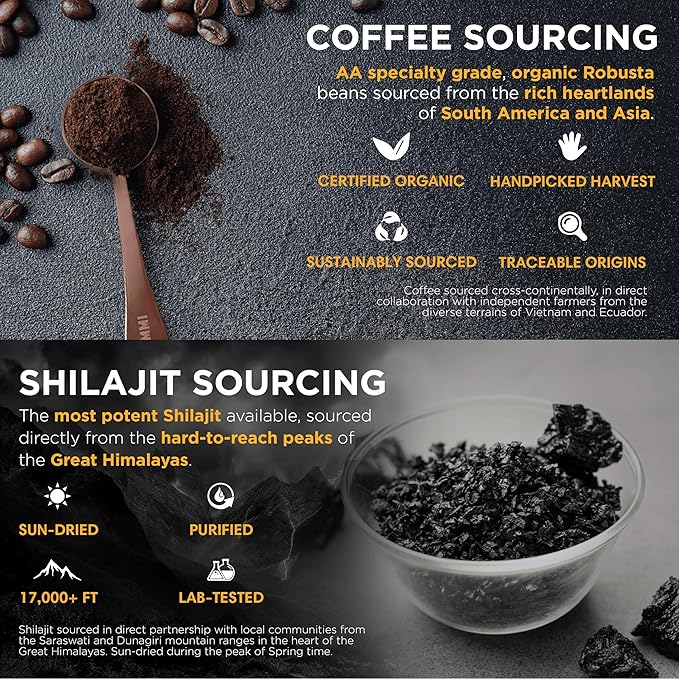 Shilajit Coffee - Immortal Drip Organic Dark Roast Ground Coffee Himalayan Shilajit-Infused High-Caffeine Vitamins - Fulvic Acid &amp 85+ Minerals