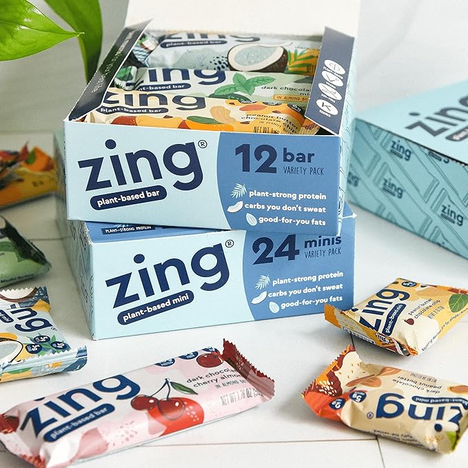 Zing Vegan Protein Bars Variety Pack - Top 5 Flavors Gluten Free Nutrition Bars High Protein &amp Fiber Soy Free Dairy Free Plant Based Protein Kosher Low Sugar No Sugar Alcohols - 12 count